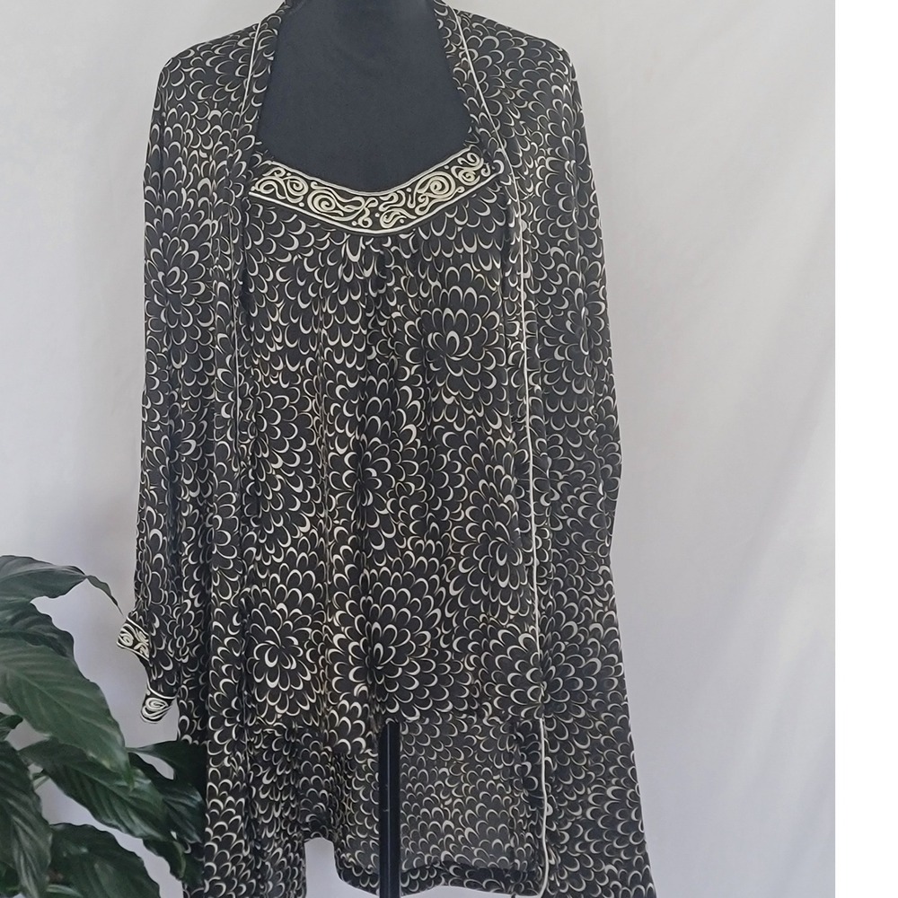 Oscar de la Renta Neiman Marcus 3 Piece Pajama Set Robe Tank Pants Black Large